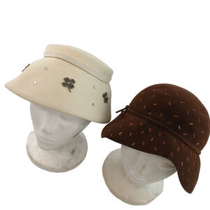 Lot of 2 VTG Frederick & Nelson Women's Felt Cloche Hats Ivory Brown Embellished